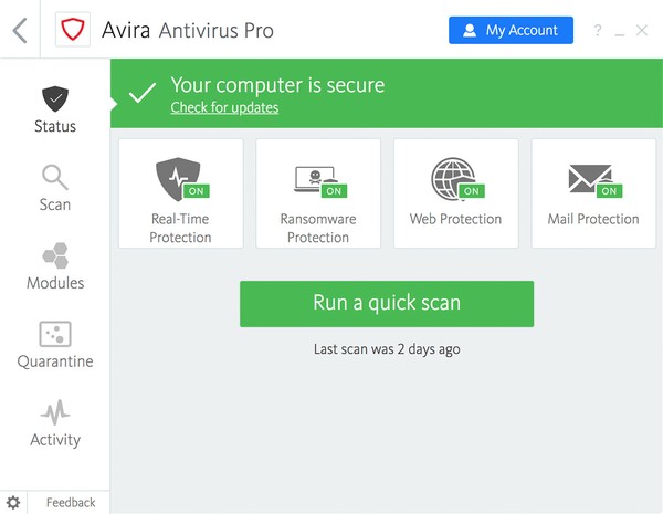 Giao diện Avira Antivirus Pro