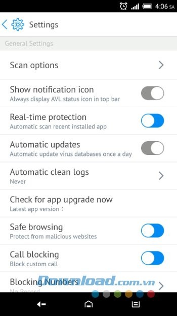 Menu cài đặt của AVL