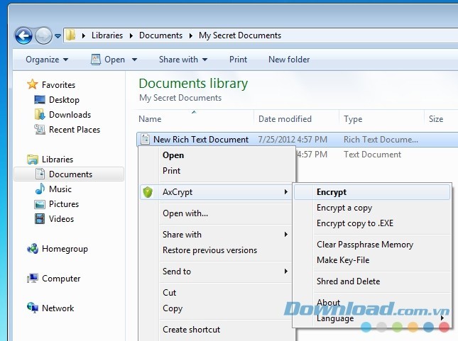 Click chuột phải vào thư mục bạn muốn mã hóa bằng AxCrypt
