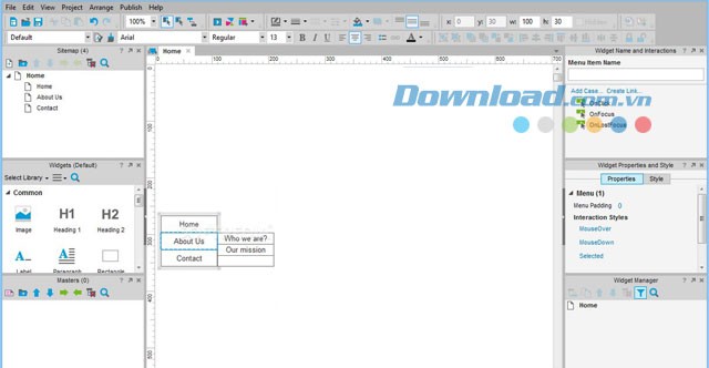 Giao diện chính của phần mềm Axure RP