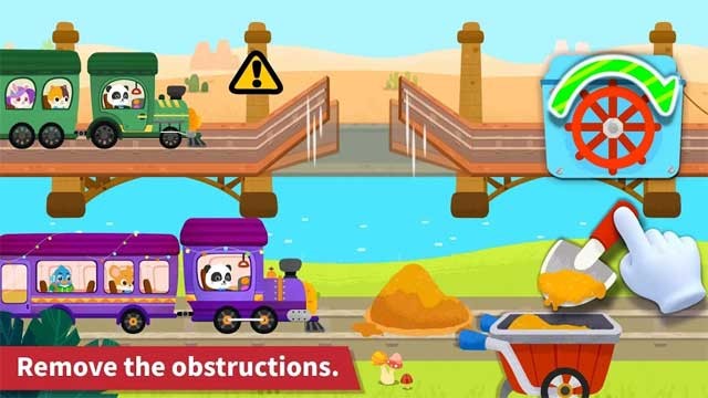 Loại bỏ vật cản và vượt qua mọi thử thách trên đường đi trong Baby Panda's Train for Android