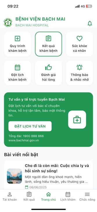 Giao diện chính của app Bach Mai Care