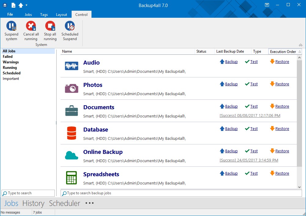 Giao diện Control của Backup4all Professional