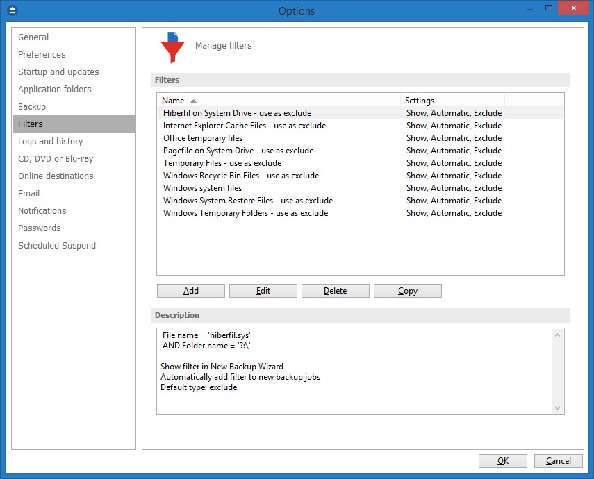 Bộ lọc trong Options