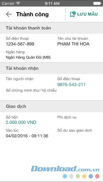 Thực hiện giao dịch thành công