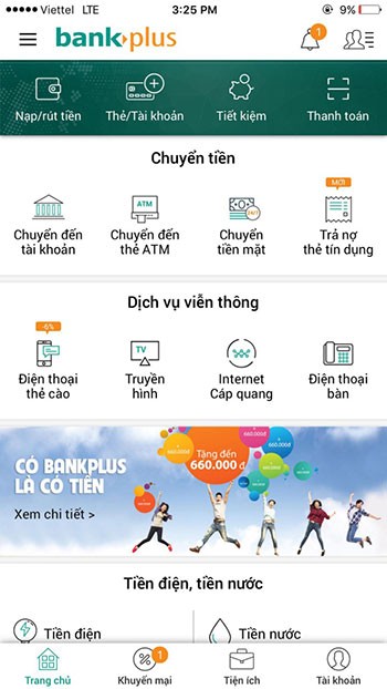 Giao diện chính BankPlus