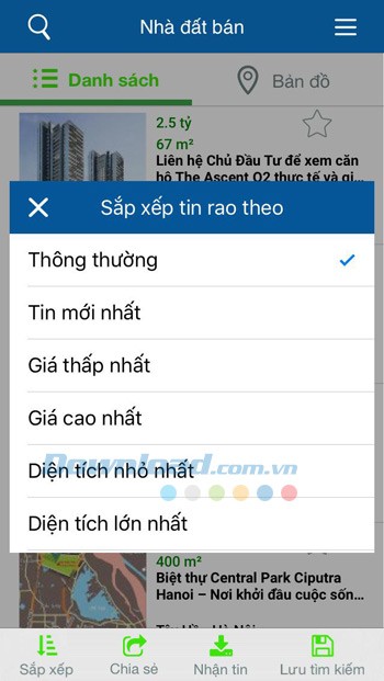 Sắp xếp tin rao bất động sản theo nhiều tiêu chí khác nhau