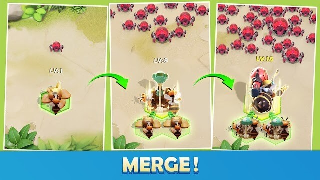 Hợp nhất để tiến hóa binh lính, đội quân ong của bạn trong game Beedoom