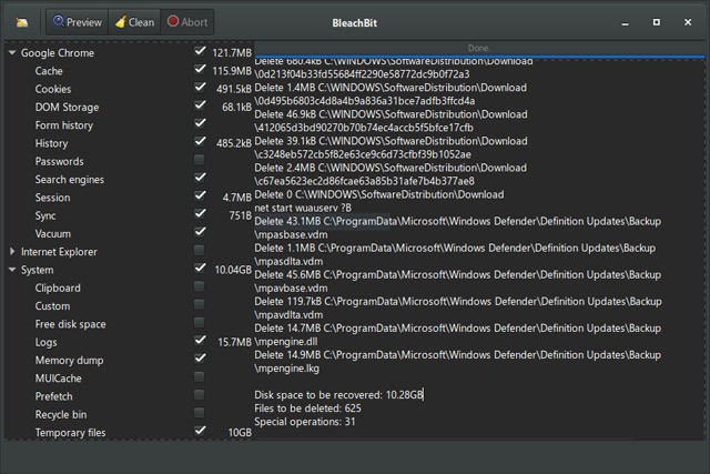 Giao diện chính của BleachBit