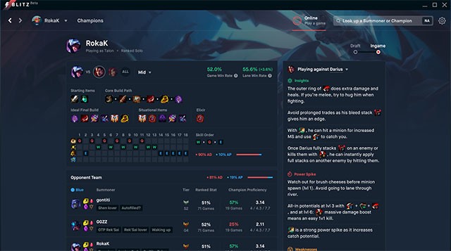 Blitz App cung cấp thông tin tướng, cách ghép vật phẩm, xác suất ra tướng...