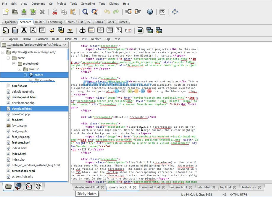 Giao diện chính của Bluefish