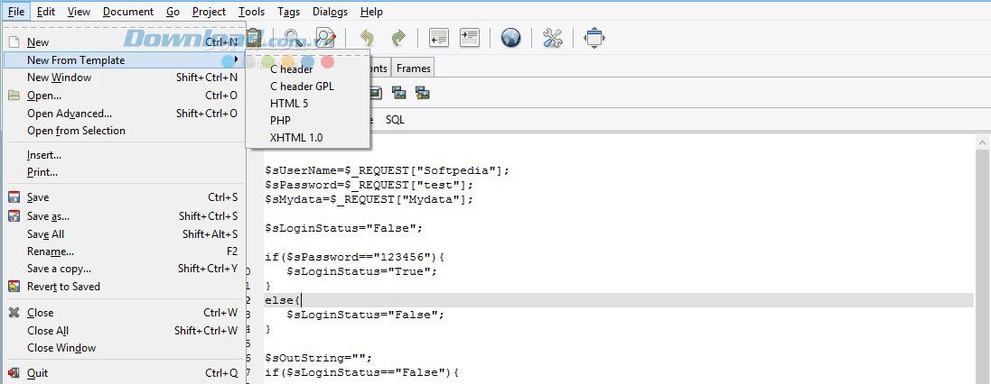 Chọn mẫu mới trong Bluefish
