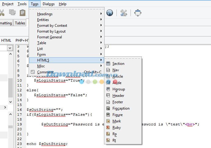 Các thẻ đánh dấu trong Bluefish