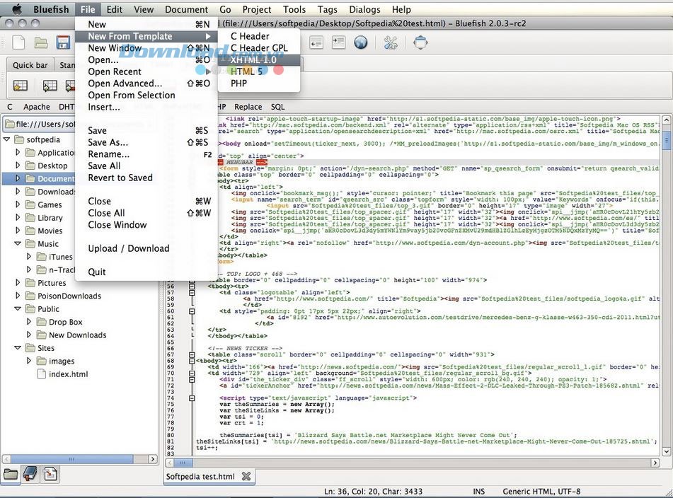 Chọn mẫu mới trong Bluefish