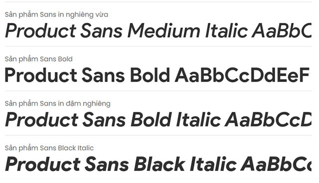Các font chữ trong Bộ font chữ Google Sans