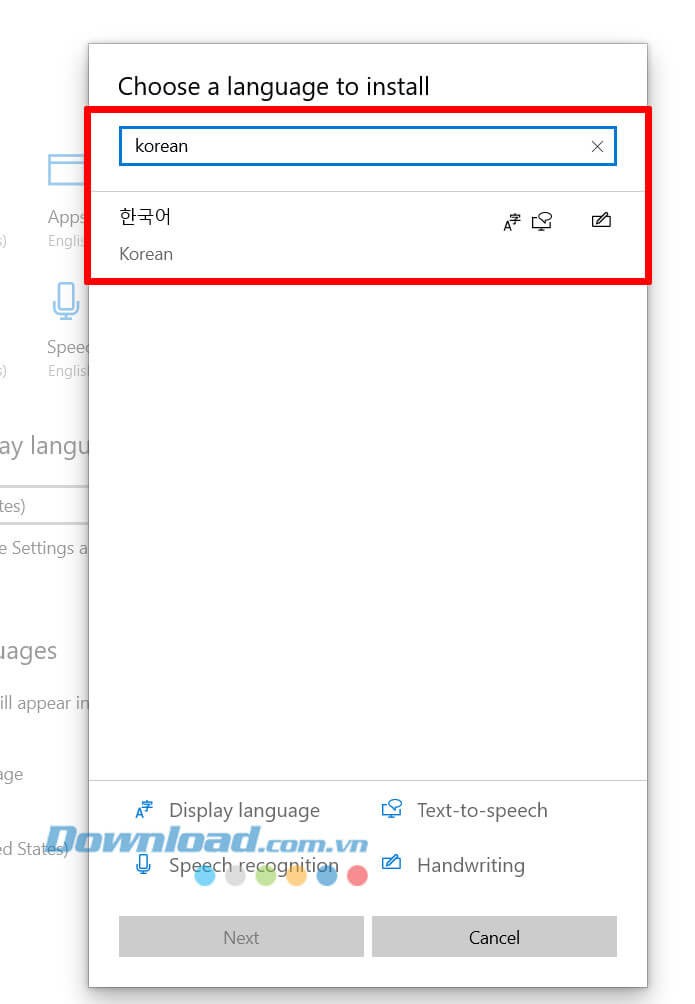 Tìm kiếm ngôn ngữ “Korea” và chọn Korean để cài đặt.
