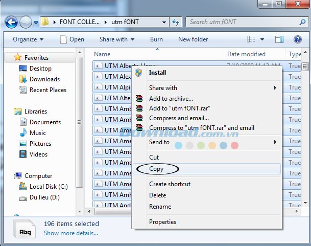 Copy toàn bộ font chữ UTM sang thư mục Font
