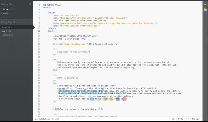 Giao diện làm việc của Brackets