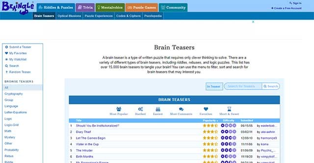 Braingle có hàng nghìn câu đố trí tuệ được người dùng cung cấp