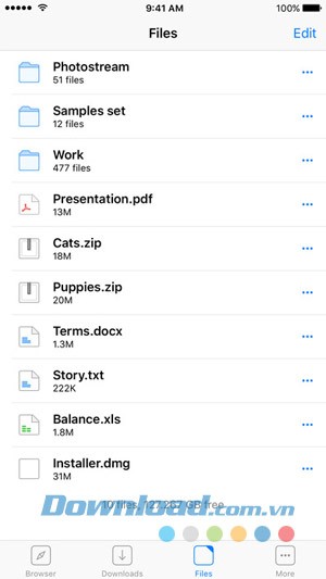 Danh sách file trên hệ thống được Browser and File Manager for Documents cho iOS thống kê