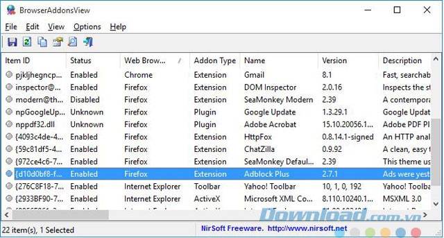 Giao diện phần mềm BrowserAddonsView