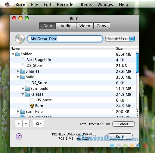 Giao diện ứng dụng Burn cho Mac