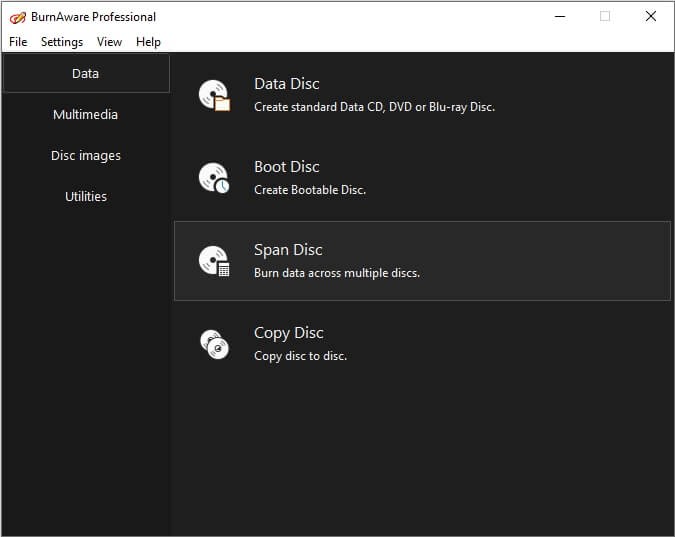 Giao diện nền đen của BurnAware Free