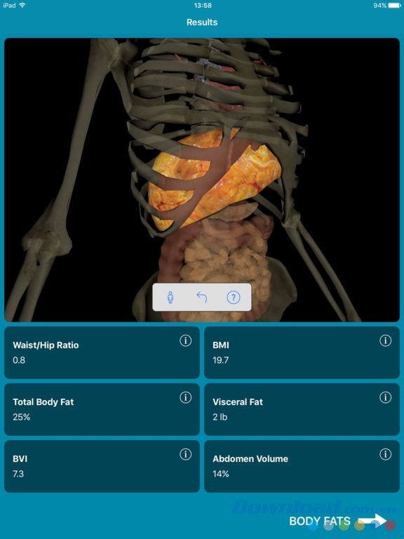 BVI Pro cho iOS hiện bảng kết quả kèm minh họa bằng lát cắt cơ thể 3D