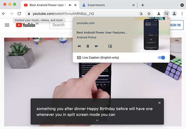 Khi bật Live Caption, phụ đề sẽ được hiển thị trên trang phát video đó