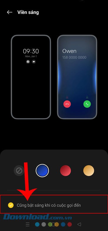 Đánh dấu tick vào mục Cũng bật sáng khi có cuộc gọi đến