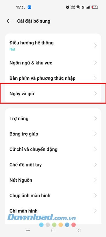 Nhấn vào mục Ngày và giờ
