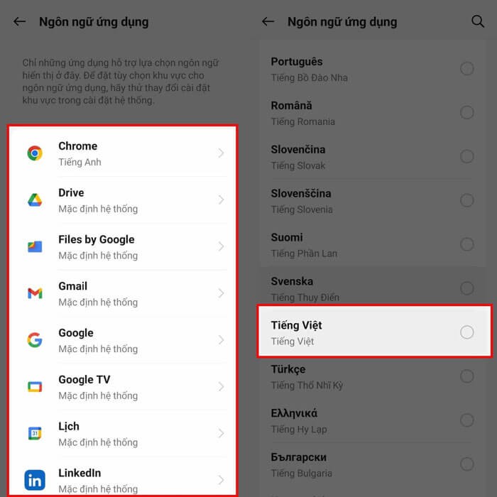 Lựa chọn ứng dụng muốn thay đổi ngôn ngữ > Chọn ngôn ngữ mình thiết lập trên ứng dụng.