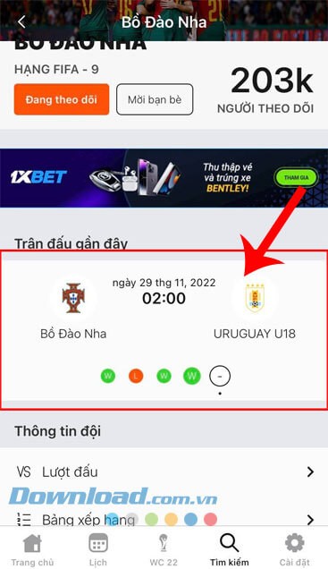 Chạm vào nút Trận đấu mà muốn cập nhật theo dõi tỷ số