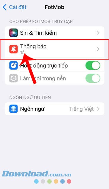 Nhấn vào mục Thông báo
