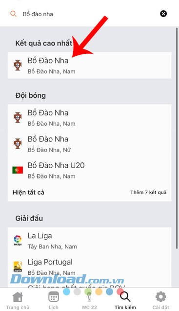 Nhấn vào đội bóng mà bạn theo dõi tỷ số World Cup 2022