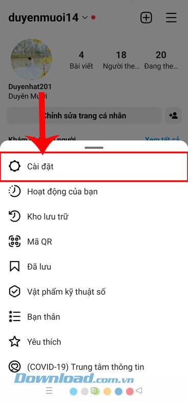 Chạm vào mục Cài đặt