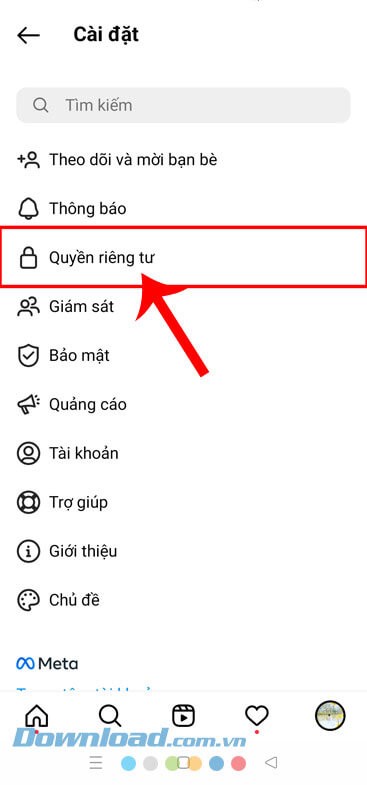 Nhấn vào Quyền riêng tư