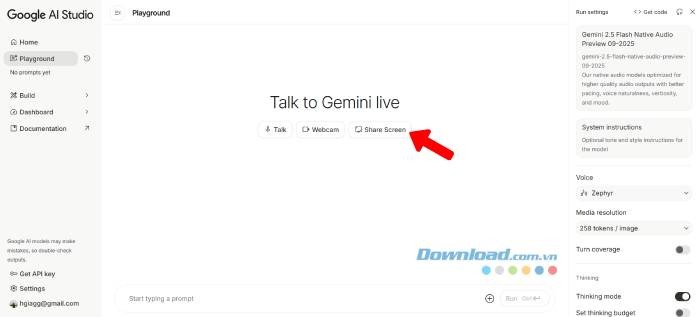 Hướng dẫn chia sẻ màn hình với Screen Share trong Google AI Studio
