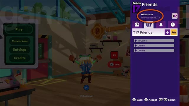 Truy cập danh sách T17 Friends để mời bạn lập team và cùng chơi Moving Out 2