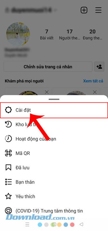Chạm vào mục Cài đặt