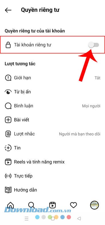 Bật công tắc tại mục Tài khoản riêng tư
