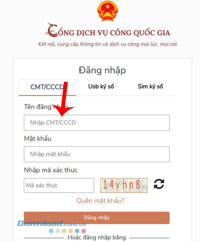Đăng nhập tài khoản Cổng Dịch vụ công Quốc gia