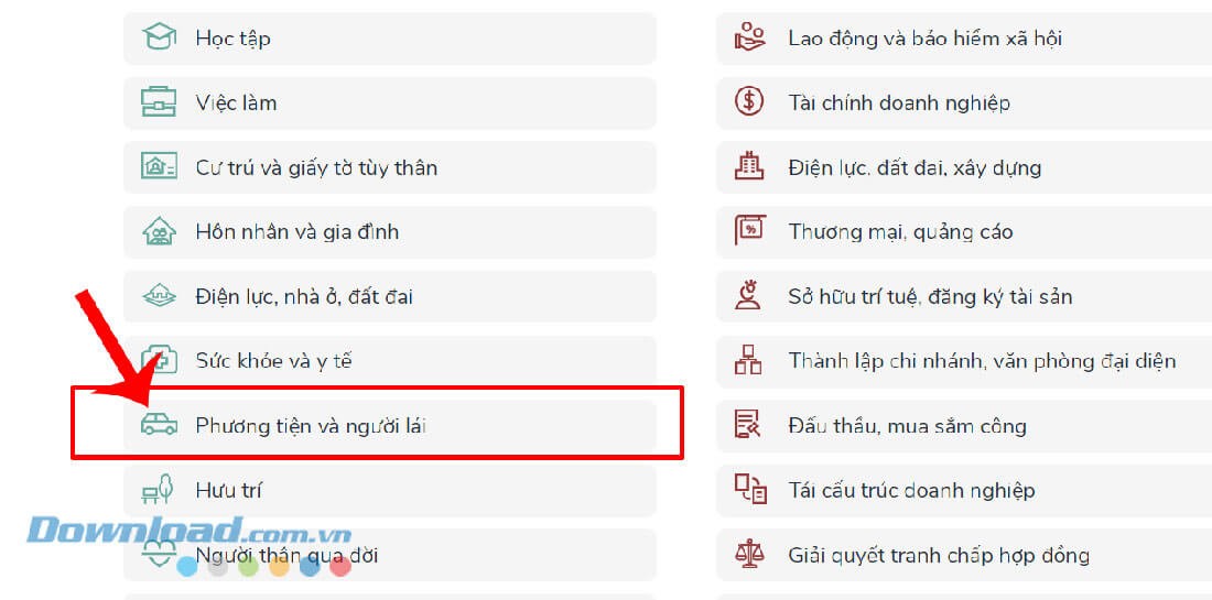 Nhấp chuột vào mục Phương Tiện và Người Lái