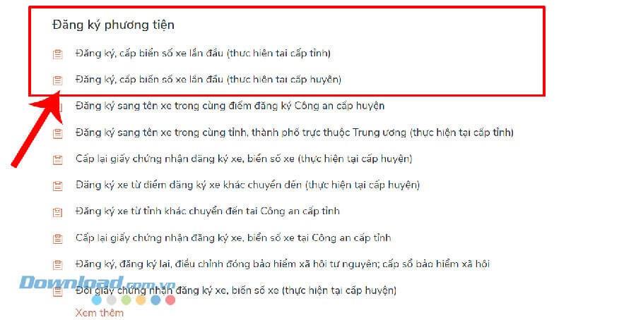 Click chuột vào mục Đăng Ký Phương Tiện > Chọn mục Đăng ký, cấp biển số xe lần đầu.