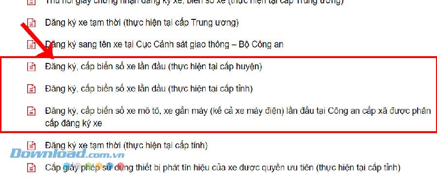 Nhấp chuột vào mục Đăng ký, cấp biển số xe lần đầu
