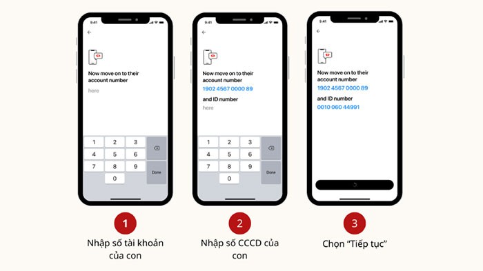 Nhập số tài khoản ngân hàng Techcombank và số CCCD của con