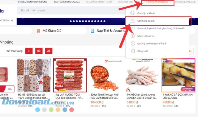 Nhấp chuột vào mục Tài khoản > Chọn mục Đơn hàng của Tôi