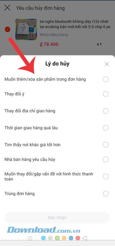 Chọn lý do hủy đơn hàng