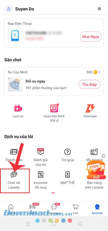 Ấn vào mục Chat với Lazada