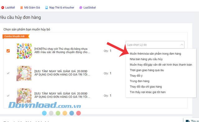 Chọn lý do hủy đơn hàng